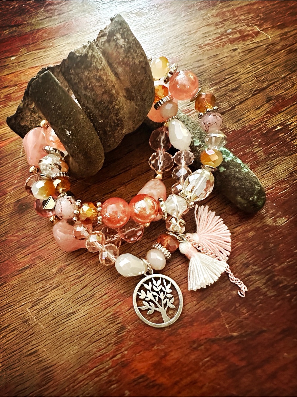 Pink crystal bracelet trio w/Tree charm
